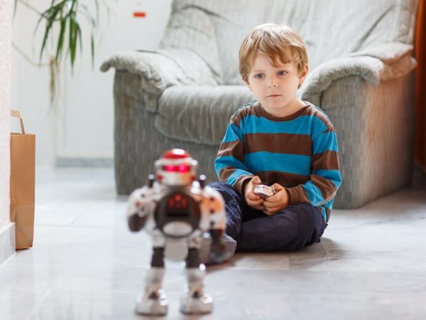 Robot toy, child playing