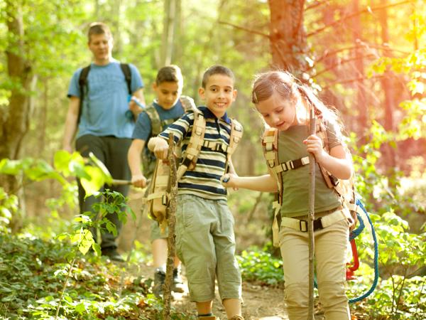 Kids Hiking in Forest